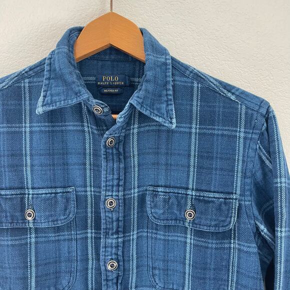 POLO Ralph Lauren Indigo Men's Relaxed Fit Flannel Elbow Patch Blue Plaid Medium - Picture 1 of 9